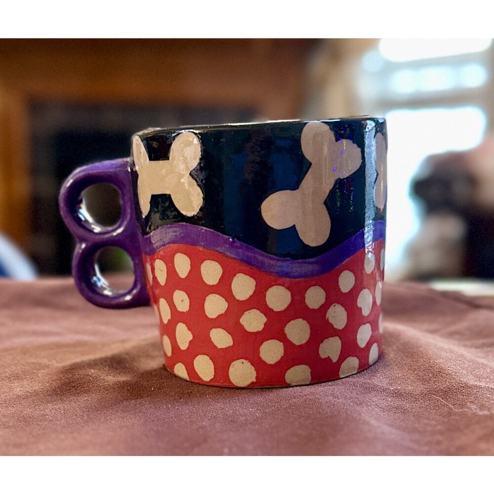 Hand Painted Pottery Stoneware Mug Cup Dog Bone & Polka Dot Signed MMB By Artist
